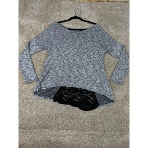 Moa Moa Womens Marled Knit Split Back Lace Inset Top Gray Black Large Boho L